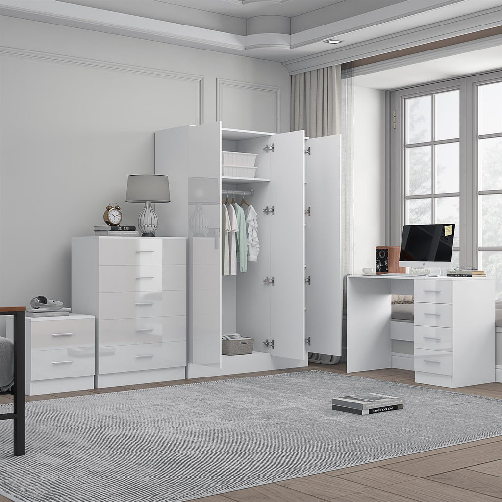 REFLECT Gloss 4pc Set - 3 Door Mirrored Wardrobe + 5 Draw Chest + Bedside + Desk