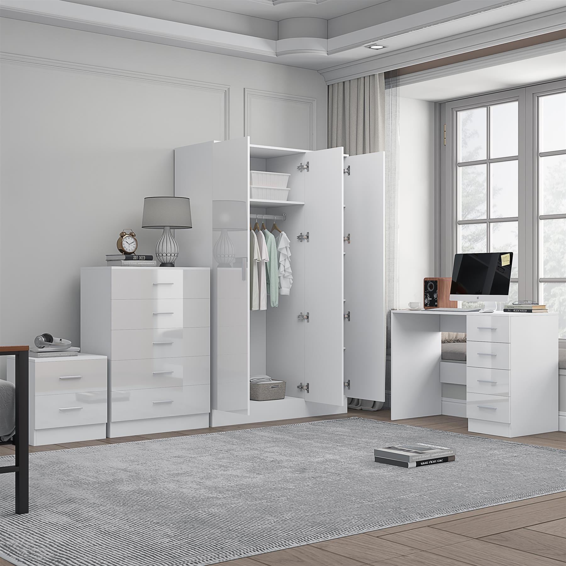 REFLECT Gloss 4pc Set - 3 Door Mirrored Wardrobe + 5 Draw Chest + Bedside + Desk