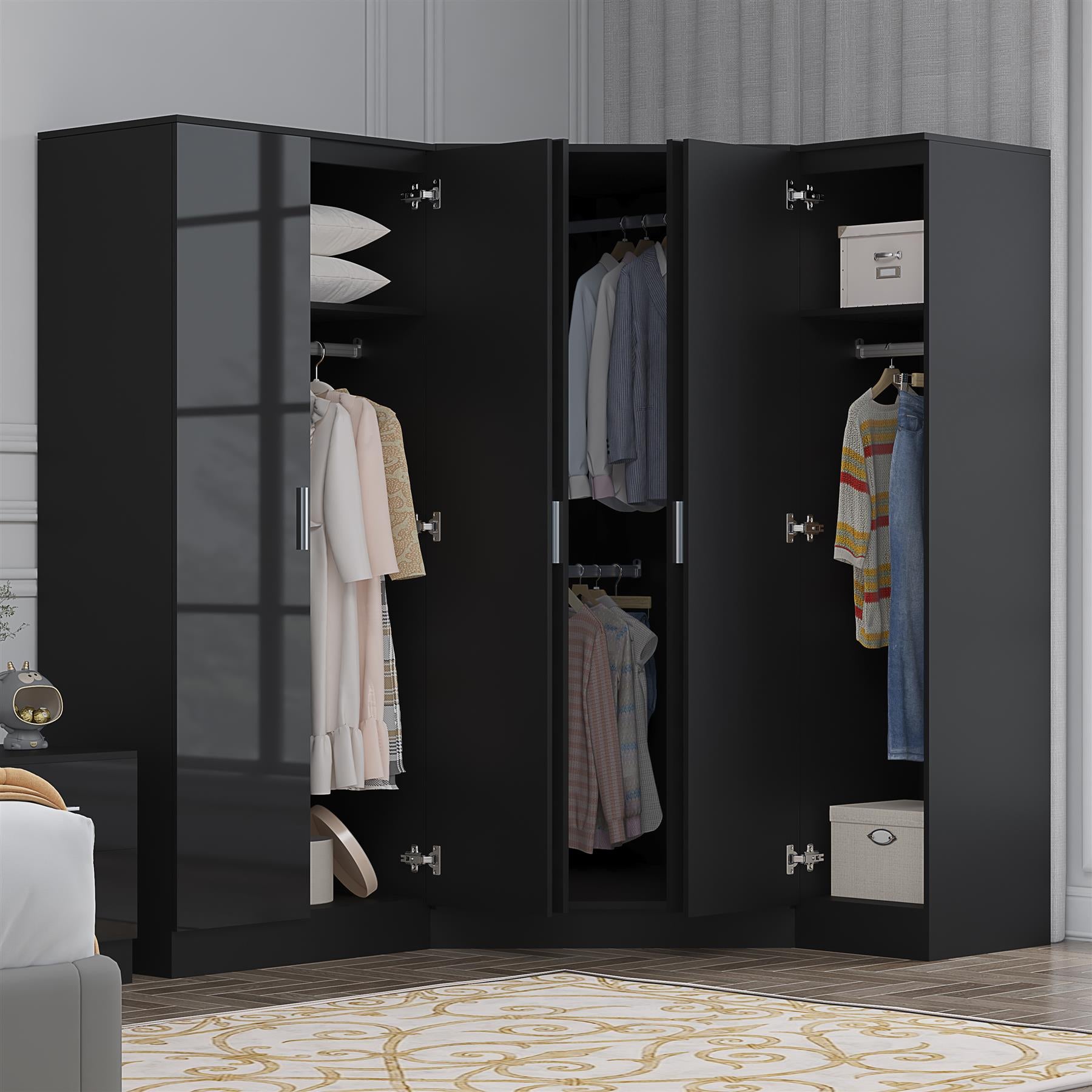 Reflect 3pc Wardrobe Bundle - 2 Door Corner + 2 Door Mirror + 1 Door Plain - Black Gloss & Black Oak