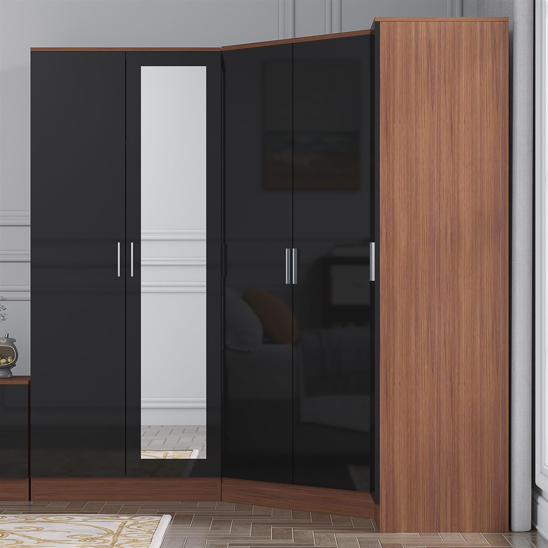 Reflect 3pc Wardrobe Bundle - 2 Door Corner + 2 Door Mirror + 1 Door Plain - Black Gloss & Walnut