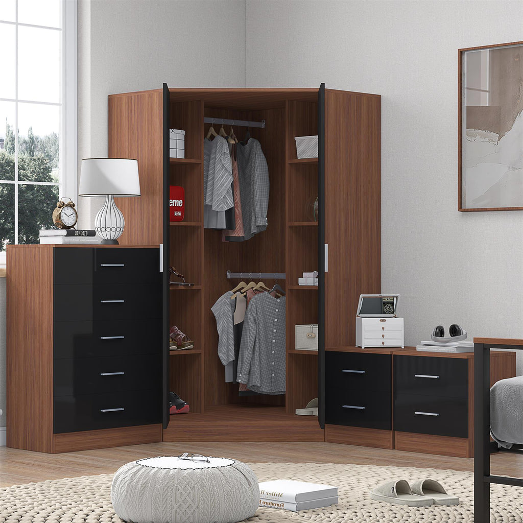 Reflect 2 Door Corner Wardrobe, 5 Drawer Chest, 2x 2 Drawer Bedsides - Black Gloss & Walnut - Bedroom Furniture Set