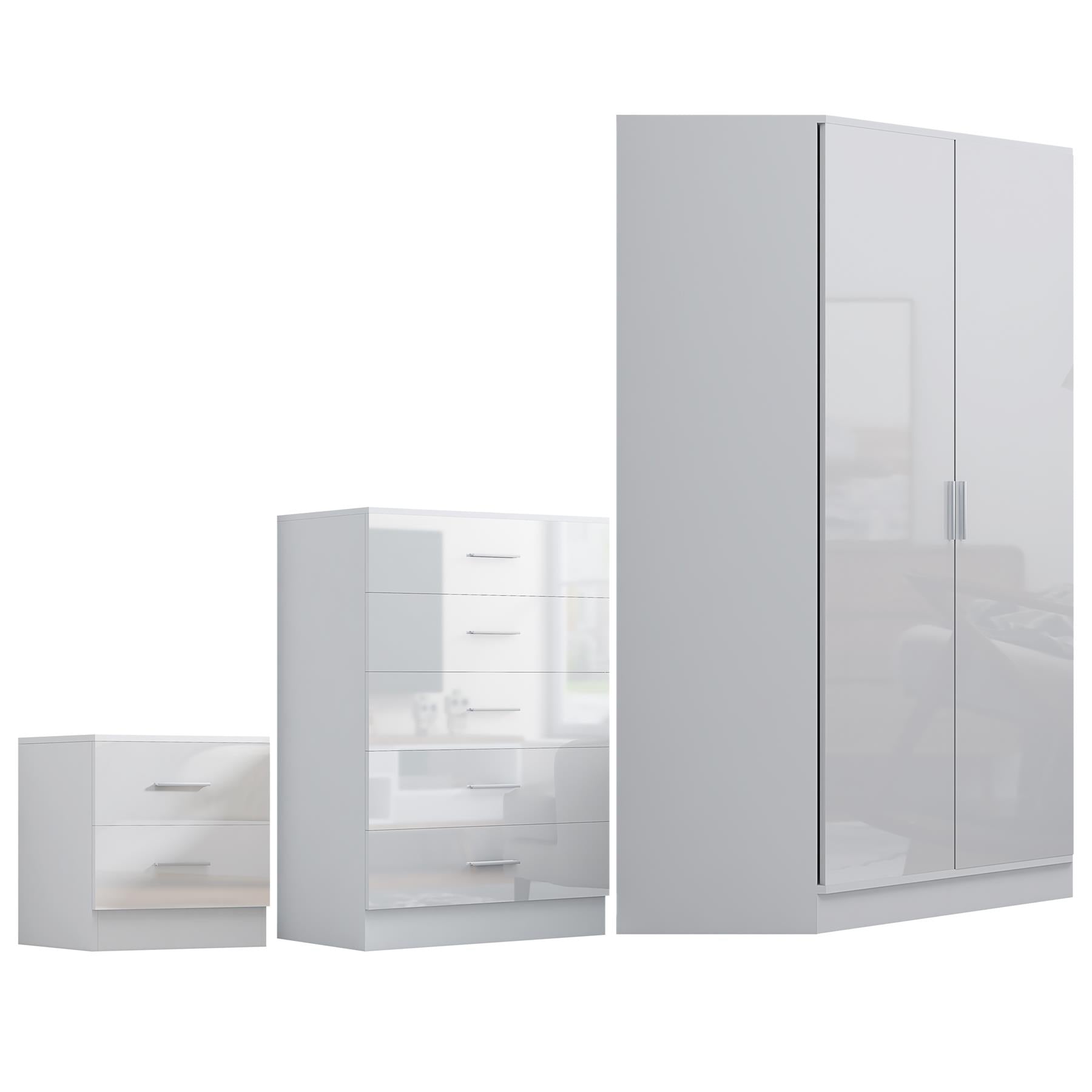 REFLECT Gloss 4pc Set - 2 Door Corner Wardrobe + 5 Draw Chest + Bedside