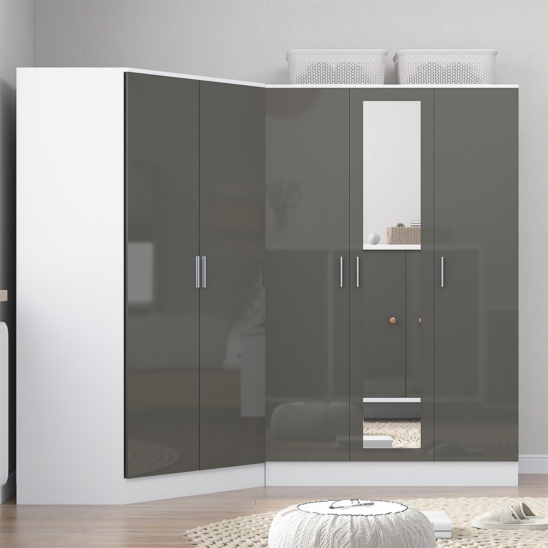 REFLECT Gloss 5 Door Wardrobe Bundle - 2 Door Corner + 3 Door Mirror Bedroom Set