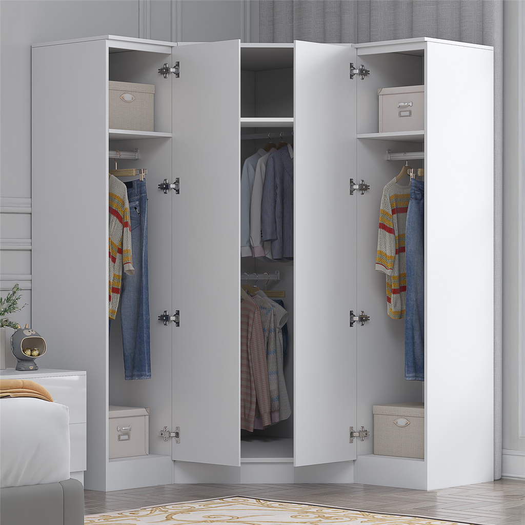 REFLECT - 1 Door Corner + 2x 1 Door Plain Wardrobe in Gloss White / Matt White