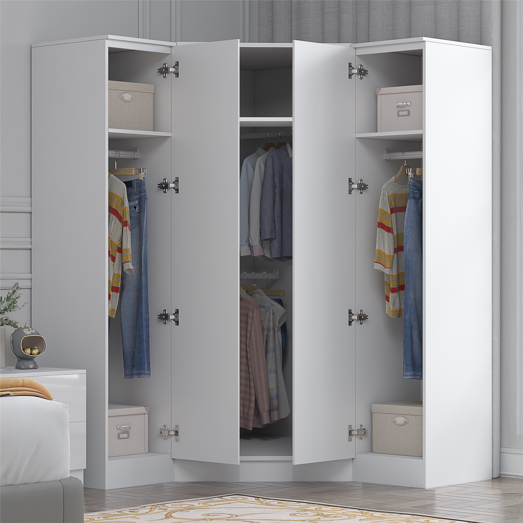 REFLECT - 1 Door Corner + 2x 1 Door Plain Wardrobe in Gloss White / Matt White
