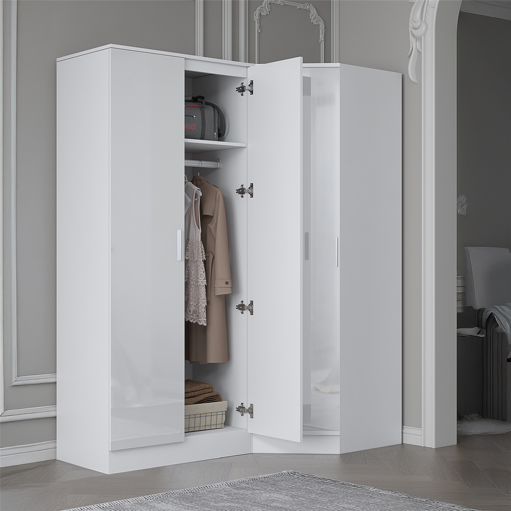REFLECT - 1 Door Corner + 2 Door Plain Wardrobe in Gloss White / Matt White