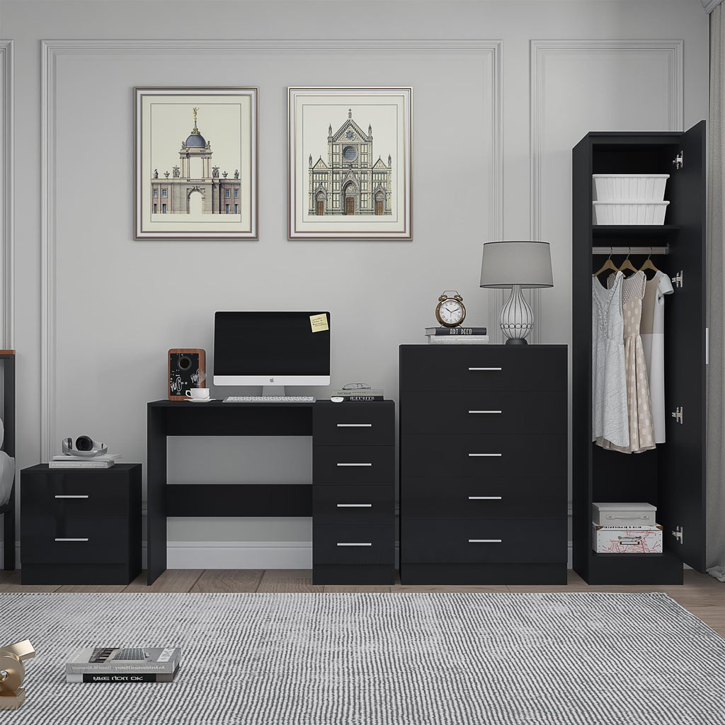 REFLECT Gloss 4pc Bedroom Set - 1 Door Wardrobe + 5 Draw Chest + Bedside + Desk