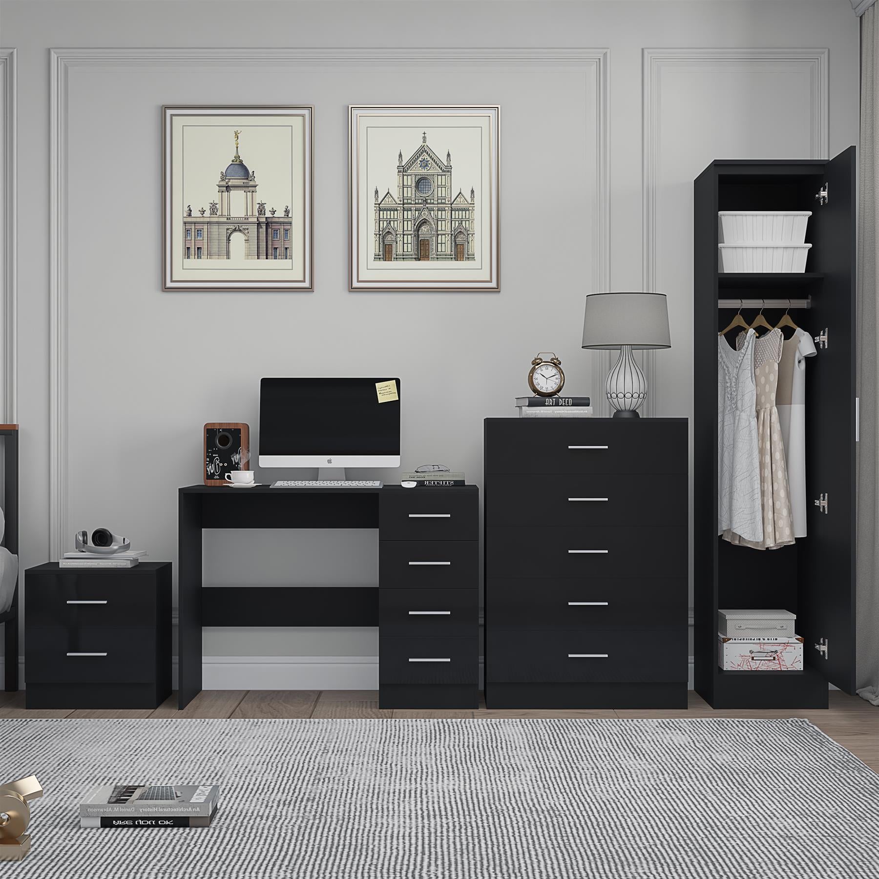 REFLECT Gloss 4pc Bedroom Set - 1 Door Wardrobe + 5 Draw Chest + Bedside + Desk