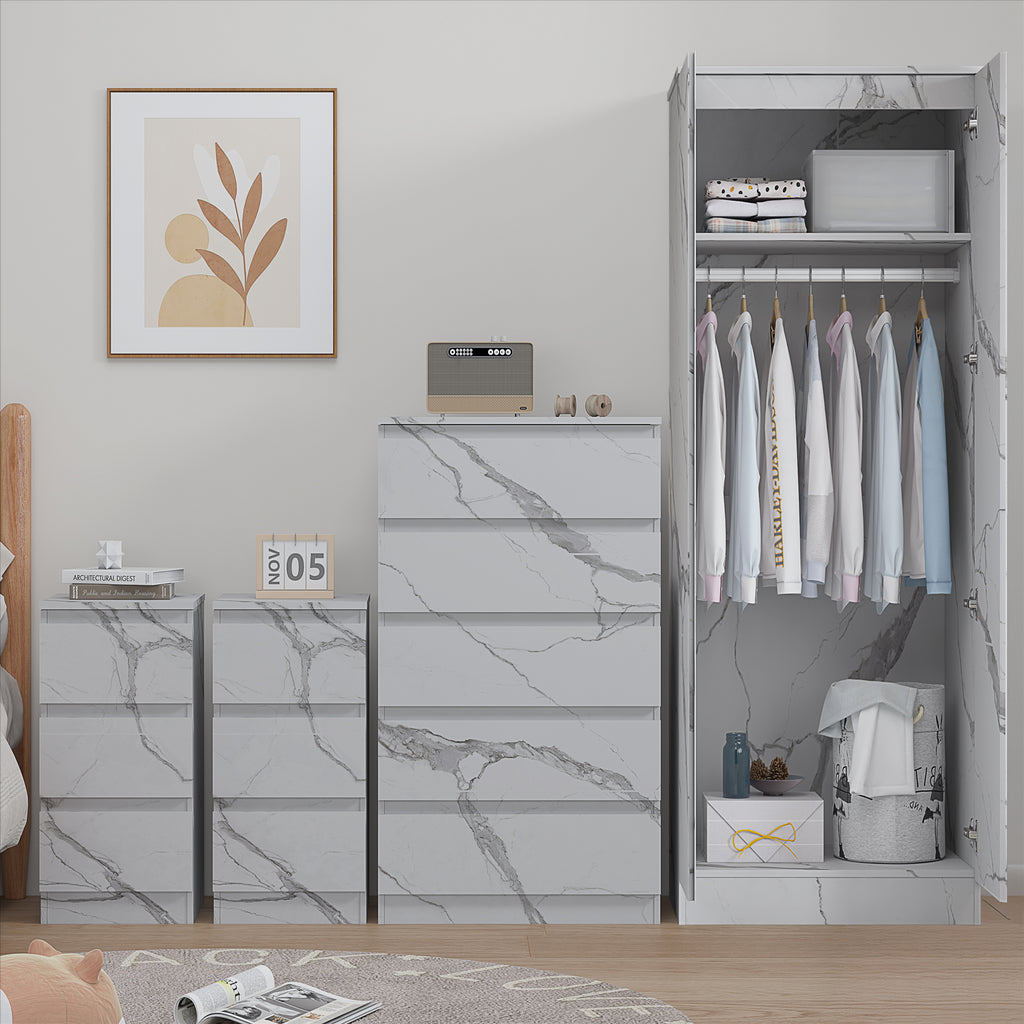 ZITA 4pc Set - 2 Door Wardrobe + Tall Chest + 2 Bedsides in White OR Grey Marble