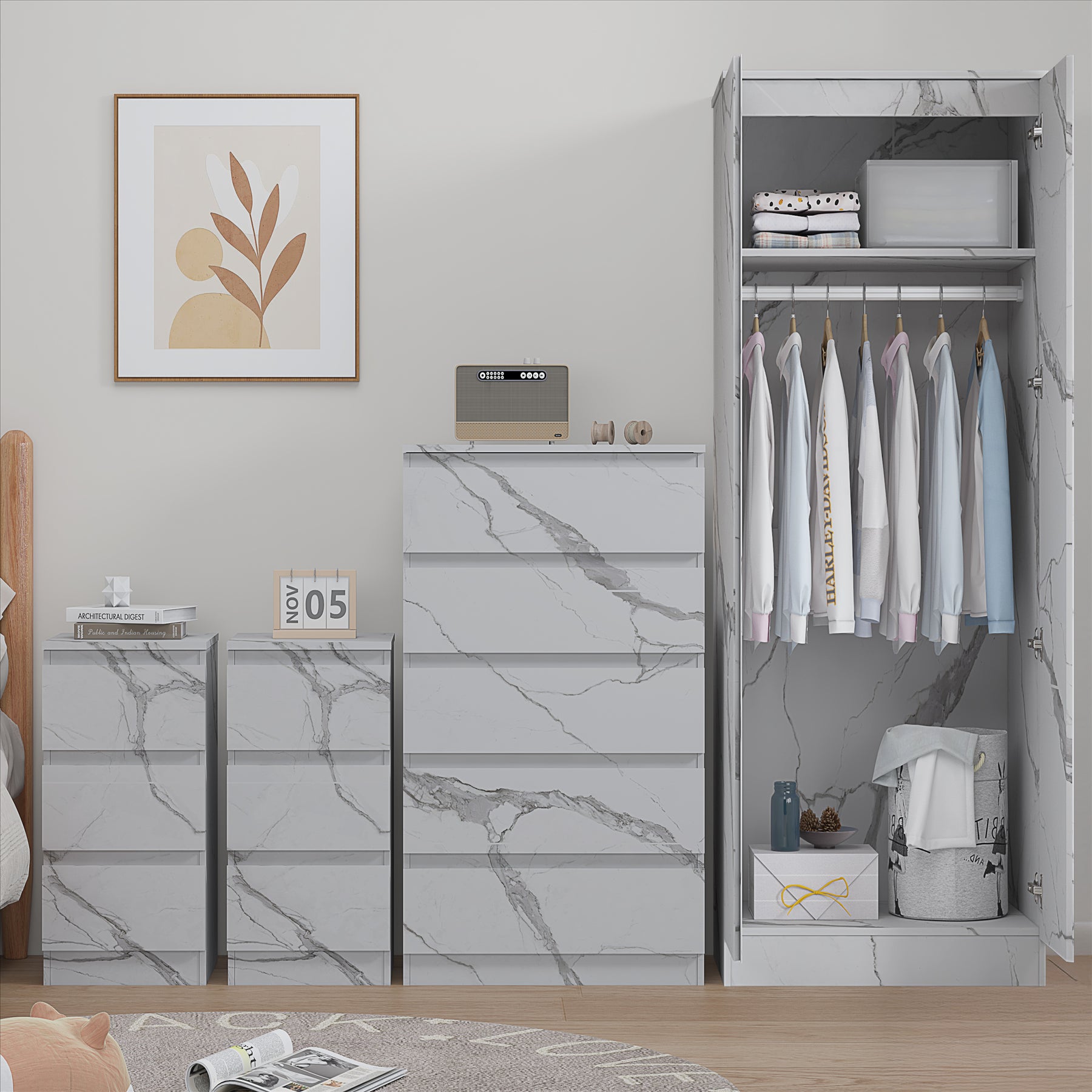 ZITA 4pc Set - 2 Door Wardrobe + Tall Chest + 2 Bedsides in White OR Grey Marble