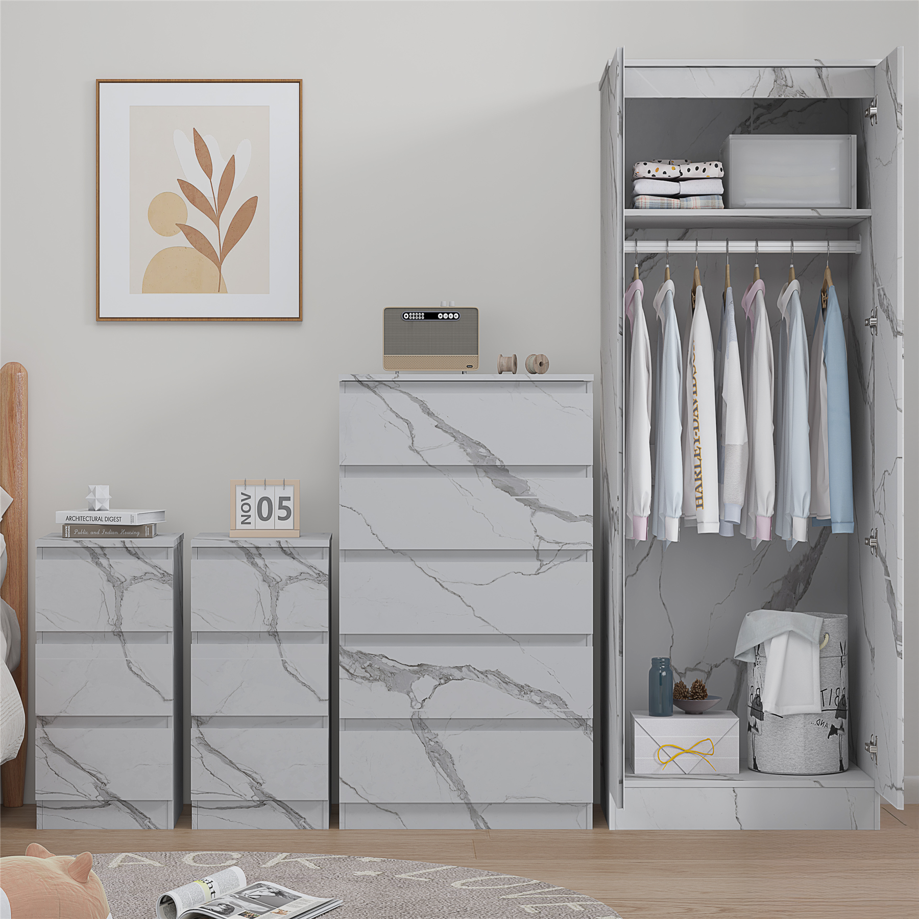 ZITA 3/4pc Bedroom Furniture Sets Wardrobe Chest Bedside - White OR Grey Marble