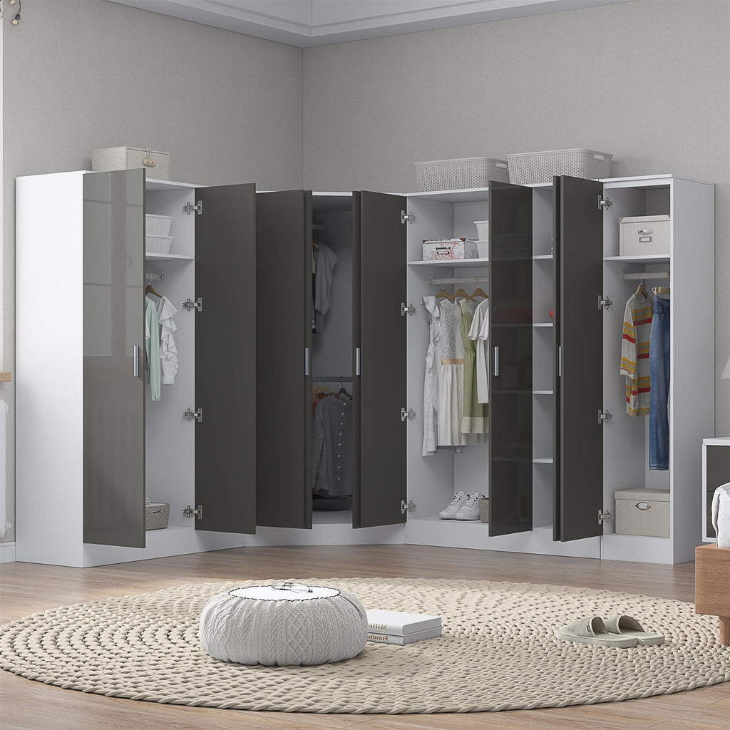 Reflect 4pc Wardrobe Bundle - 2 Door Corner + 2x 3 Door Plain + 1 Door Plain - Grey Gloss & Matt White