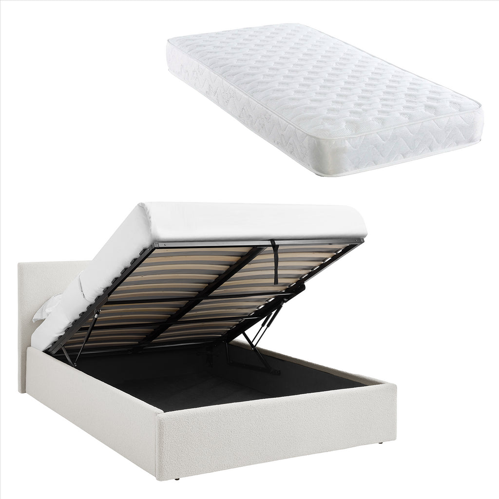 TEDDY BOUCLE 4FT Small Double White Ottoman Storage Bed Gas Lift Up - (L) 203cm x (W) 138cm with Bonnell Spring Mattress
