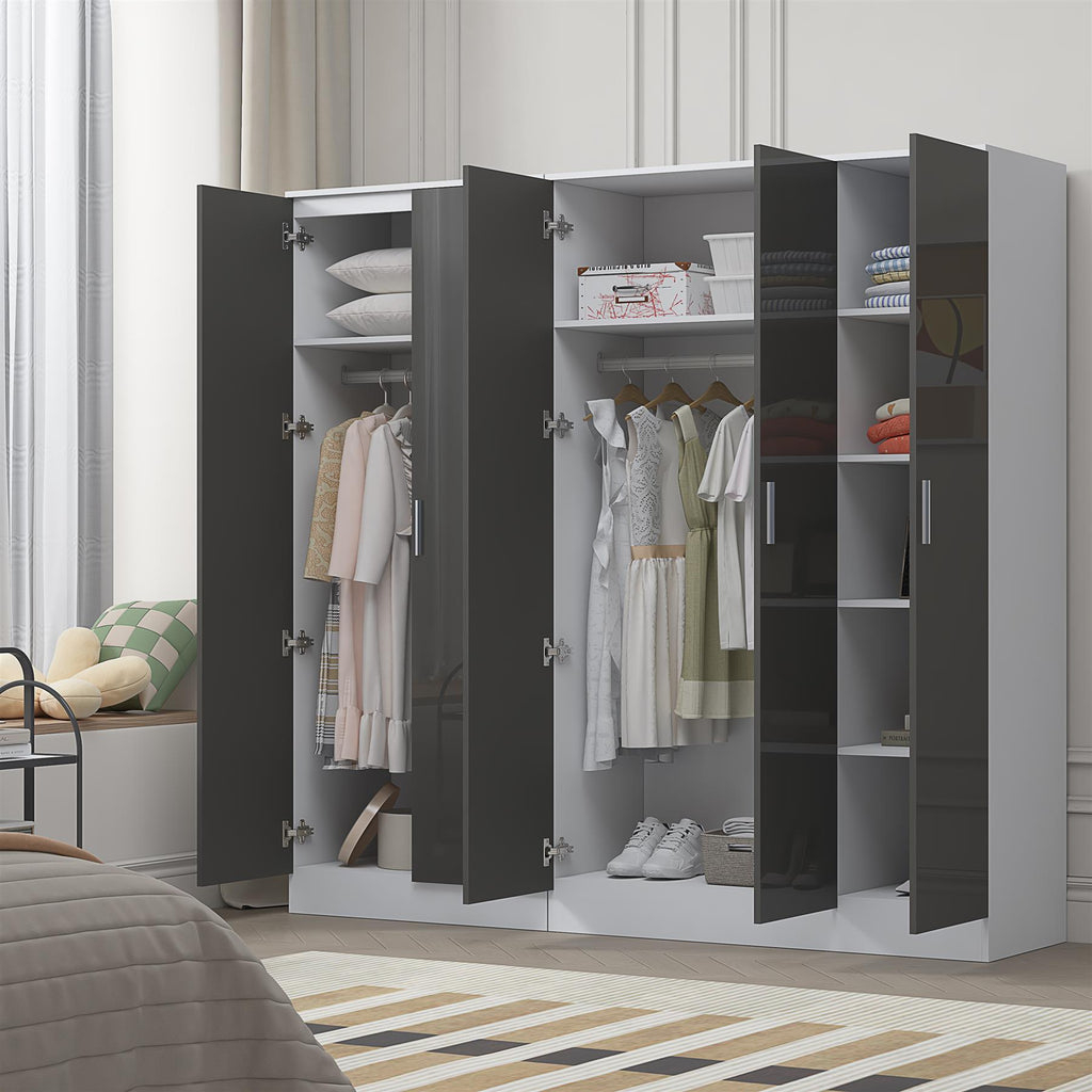 REFLECT - 3 Door PLAIN + 2 Door PLAIN Wardrobe - Gloss Grey / Matt White