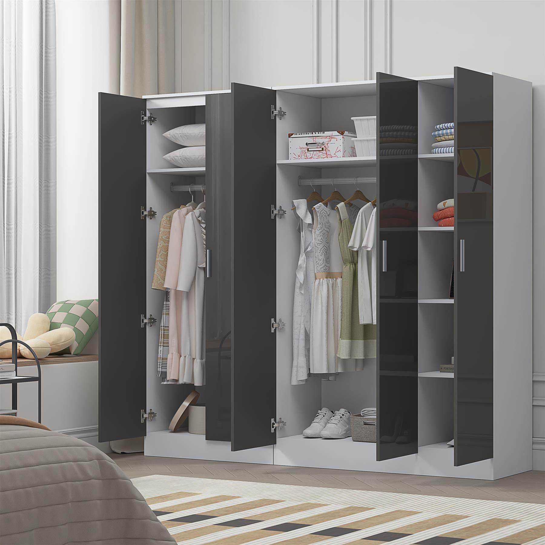 REFLECT - 3 Door PLAIN + 2 Door PLAIN Wardrobe - Gloss Grey / Matt White