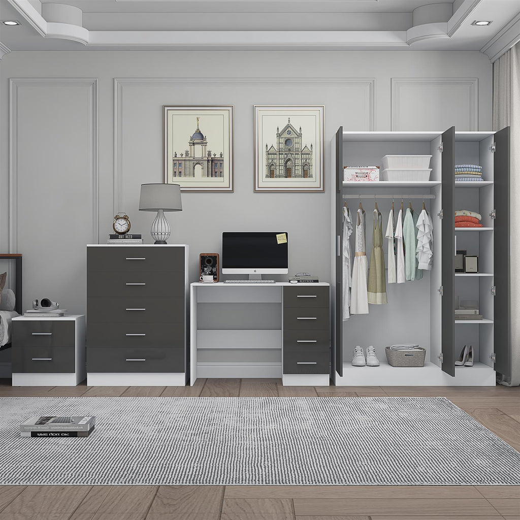 Reflect 3 Door Mirror Wardrobe, 5 Drawer Chest, 2 Drawer Bedside & Desk - Grey Gloss & Matt White - Modern Bedroom Furniture Set