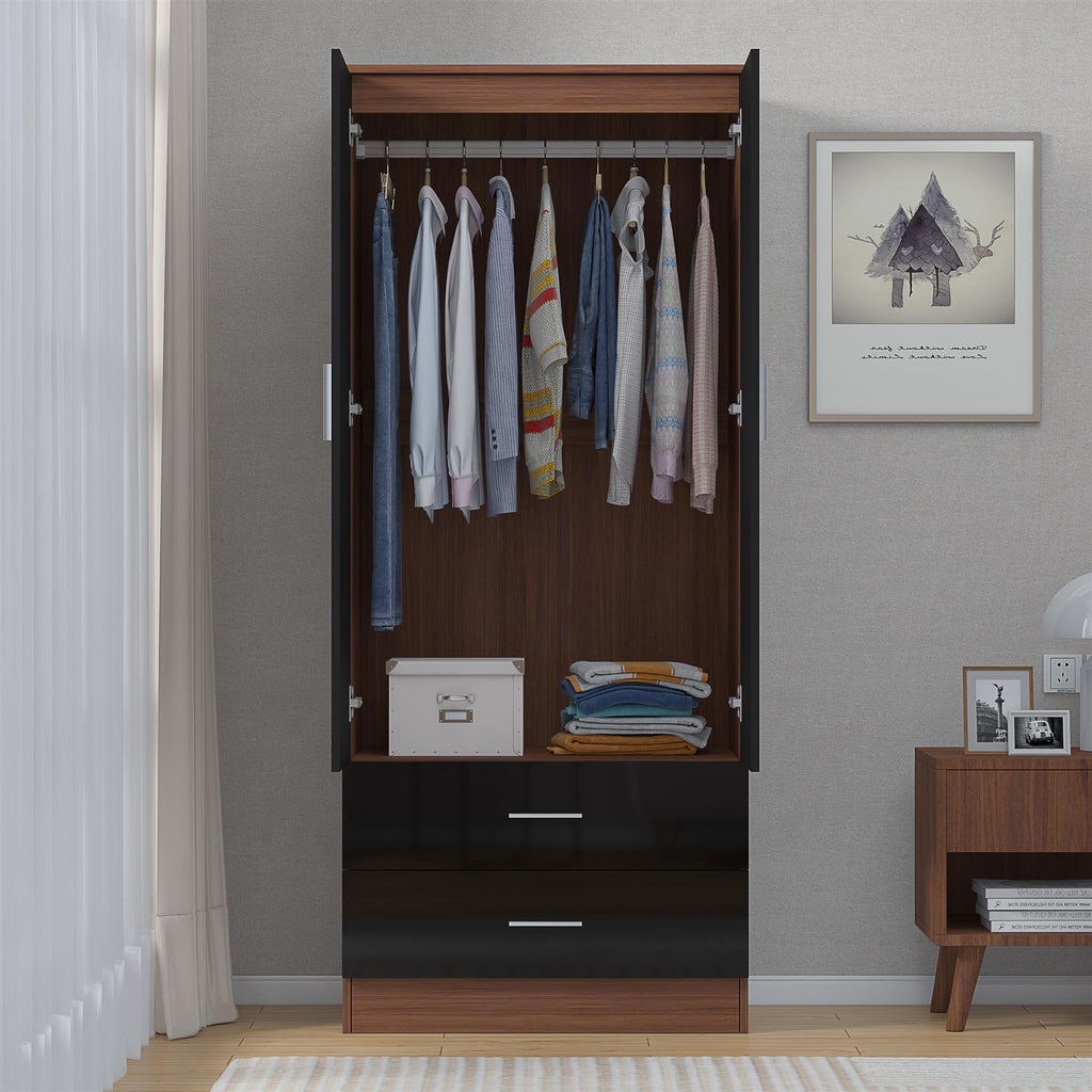 REFLECT High Gloss Bedroom Furniture Wardrobe Chest Bedside Desk - Black/Walnut