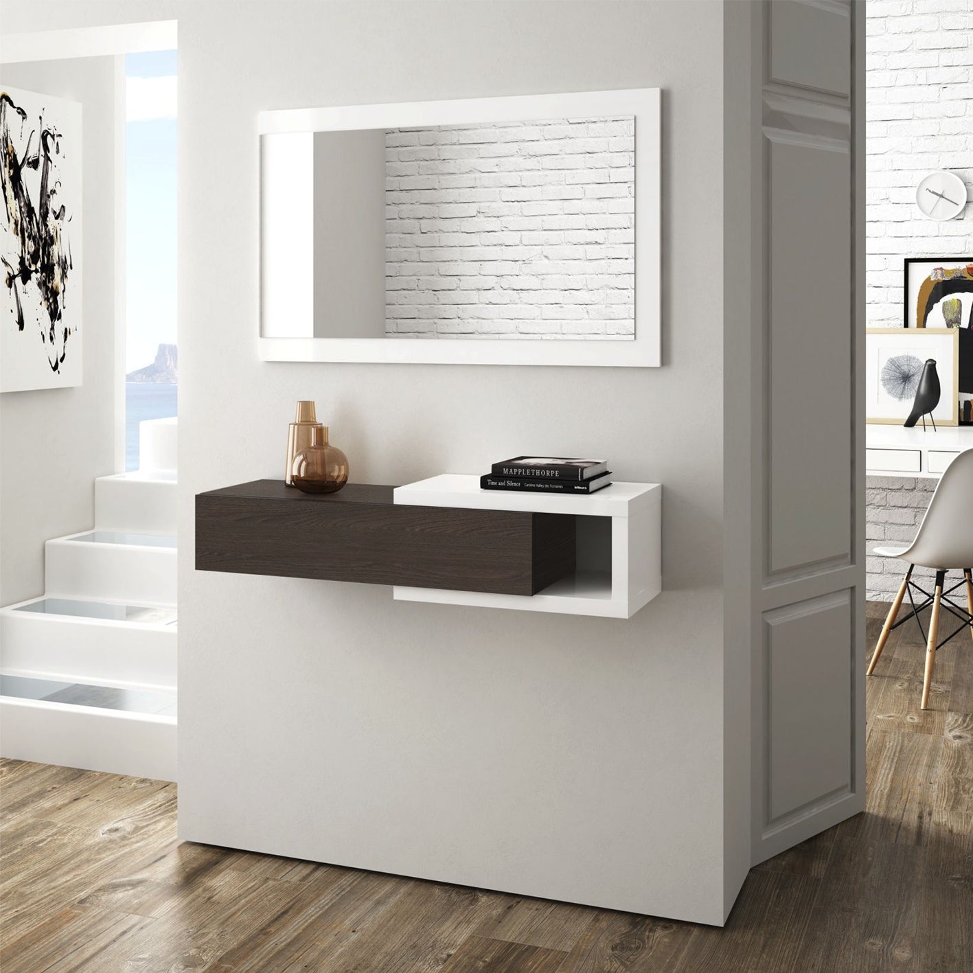NOON White & Dark Wood Floating Hallway Storage Unit with Drawer and Mirror