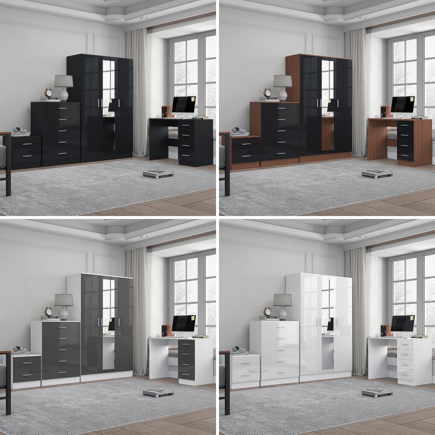 REFLECT Gloss 4pc Set - 3 Door Mirrored Wardrobe + 5 Draw Chest + Bedside + Desk