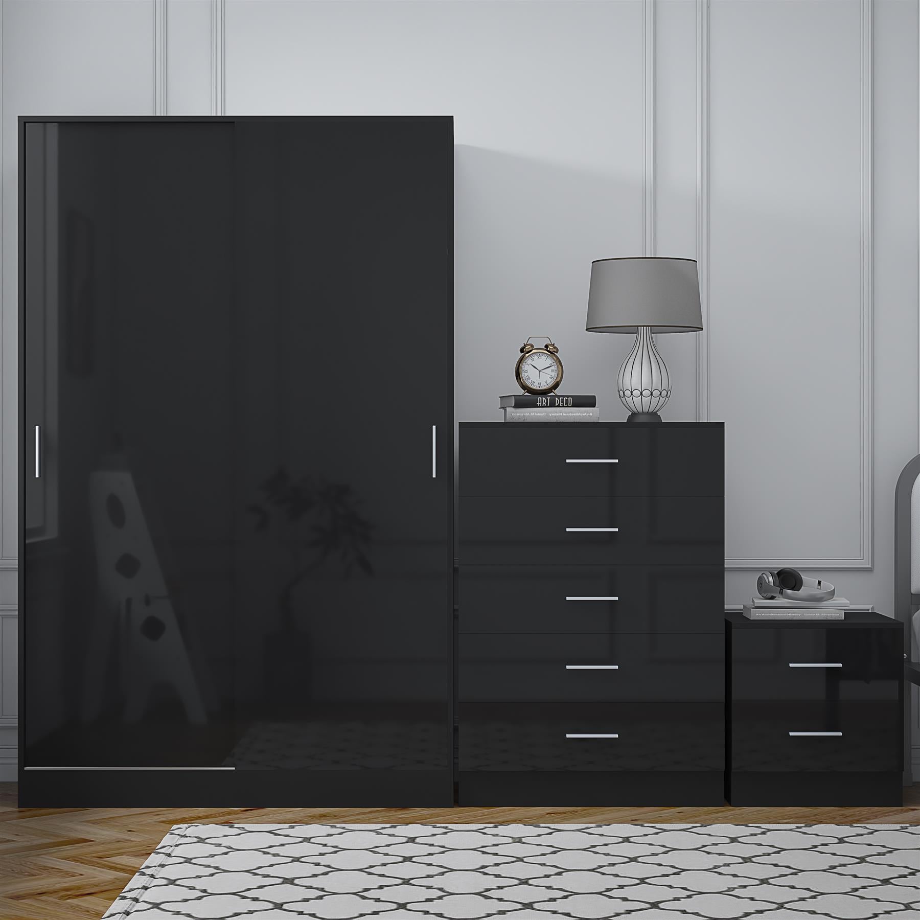 Reflect 2 Door Sliding Wardrobe, 5 Drawer Chest, 2 Drawer Bedside - Black Gloss & Black Oak - Modern Bedroom Furniture Set