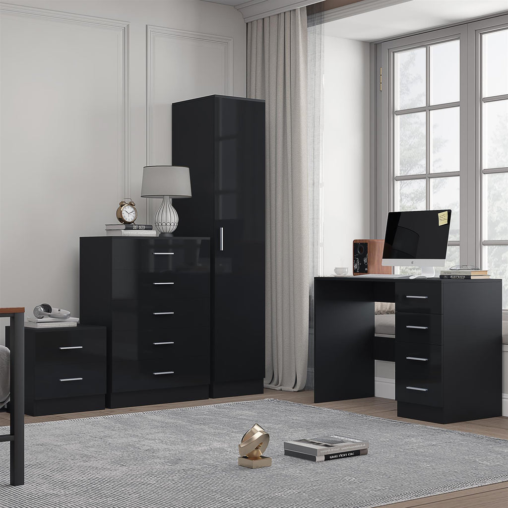 REFLECT Gloss 4pc Bedroom Set - 1 Door Wardrobe + 5 Draw Chest + Bedside + Desk