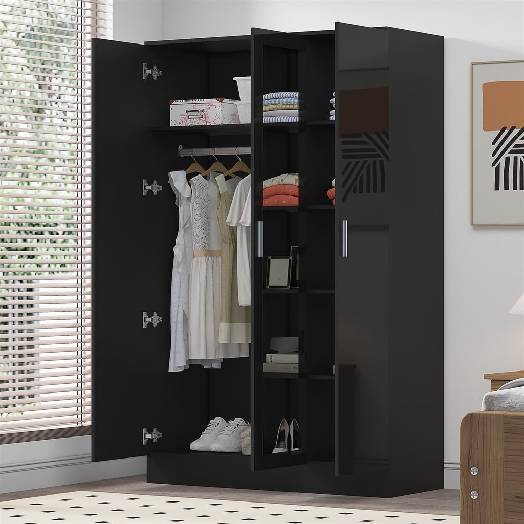 Reflect 3 Door Mirror Wardrobe - Black Gloss & Black Oak - Hanging Rail & 4 Shelves- H: 180cm x W: 113cm x D: 47cm - Modern Design