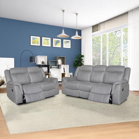 DOVER 3 + 2 Seater Manual Recliner Sofa Set - Grey Faux Suede