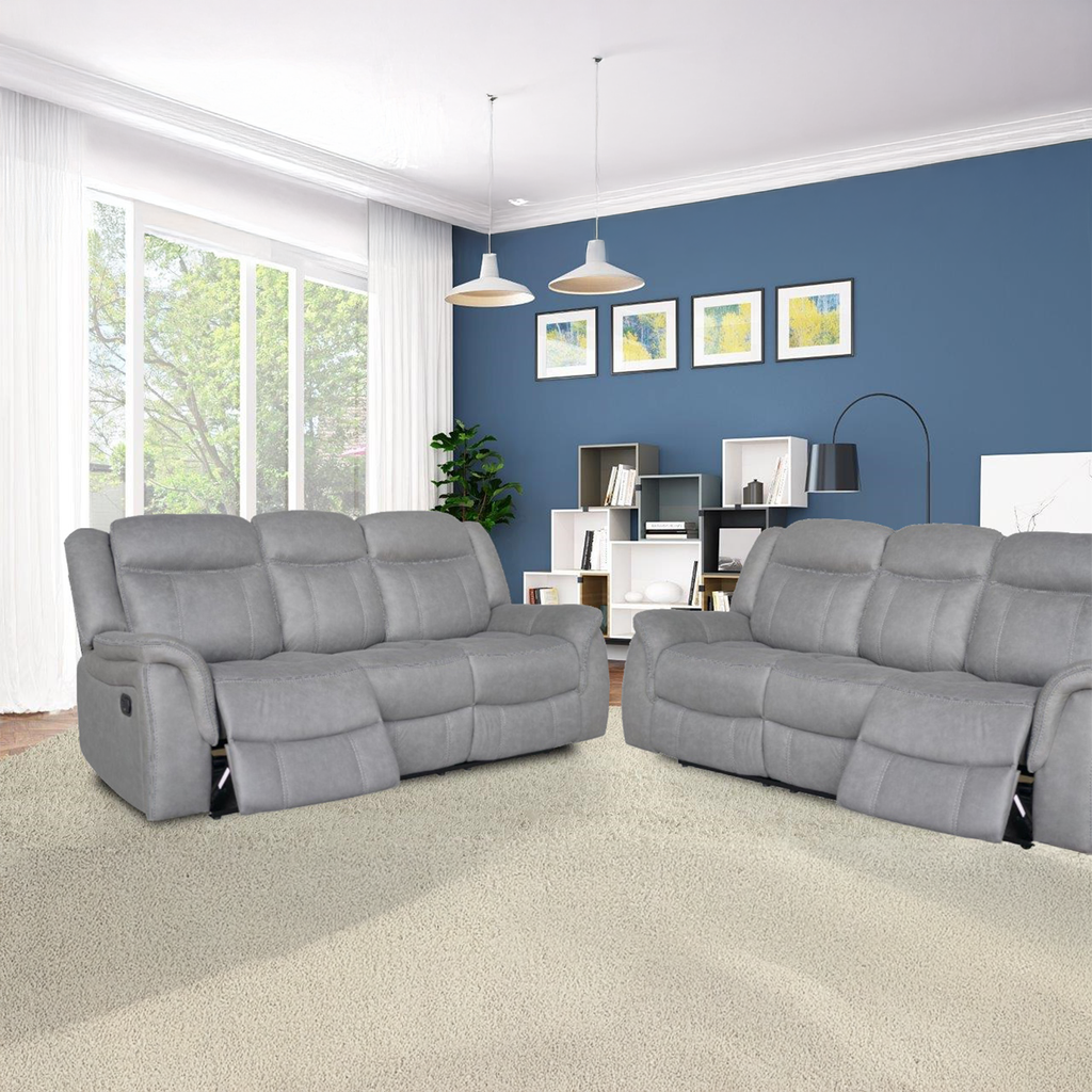 DOVER 3 + 3 Seater Manual Recliner Sofa Set - Grey Faux Suede