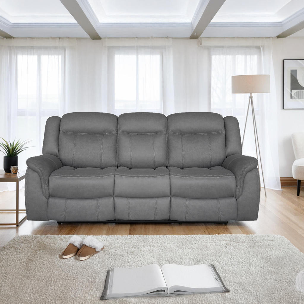 DOVER 3 Seater Manual Recliner Sofa - Grey Faux Suede