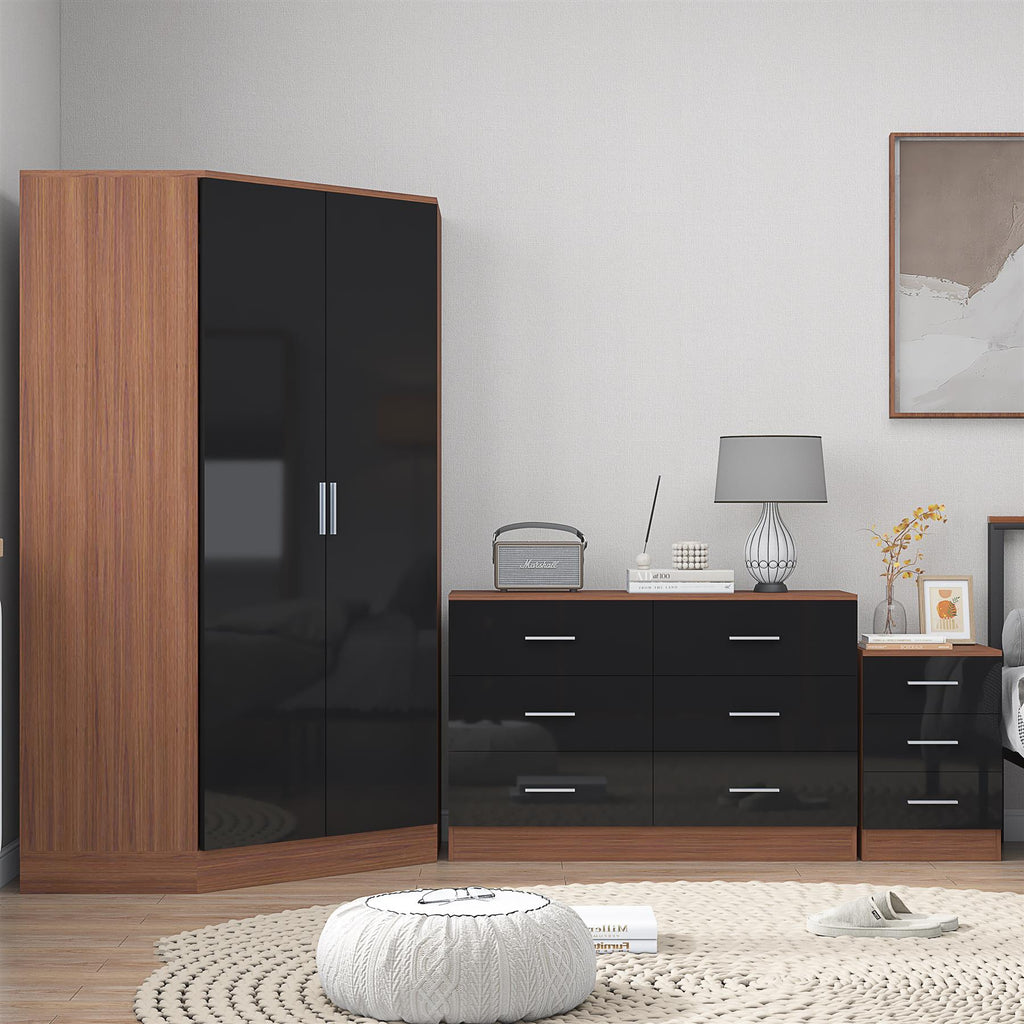 REFLECT - 2 Door CORNER + 6 Drawer Chest + 3 Drawer Bedside - Gloss Black / Matt Walnut