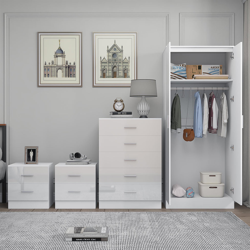 Reflect 2 Door Mirror Wardrobe, 5 Drawer Chest, 2x 2 Drawer Bedsides - White Gloss & Matt White - Modern Bedroom Furniture Set