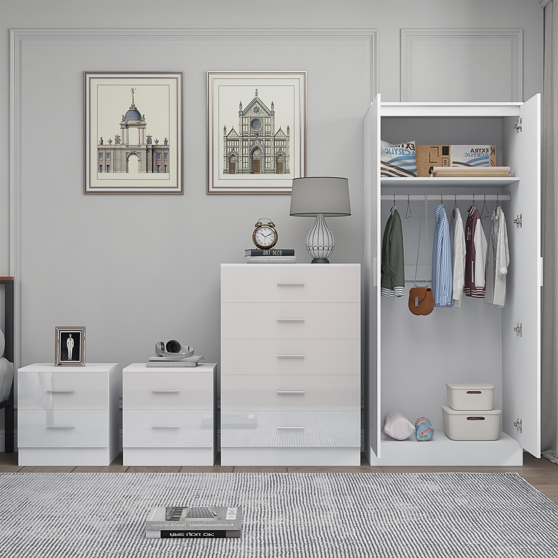 Reflect 2 Door Mirror Wardrobe, 5 Drawer Chest, 2x 2 Drawer Bedsides - White Gloss & Matt White - Modern Bedroom Furniture Set
