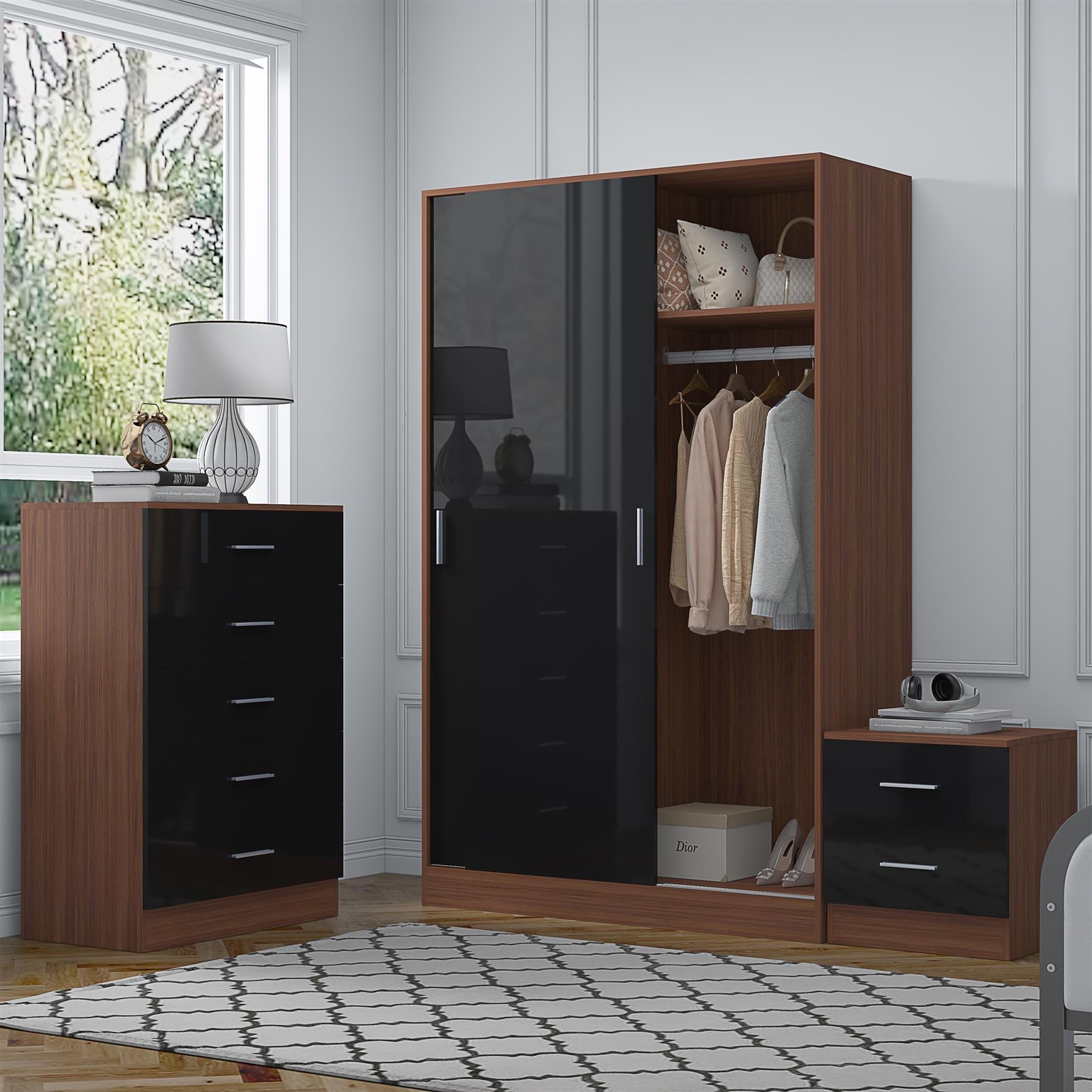 Reflect 2 Door Sliding Wardrobe, 5 Drawer Chest, 2 Drawer Bedside - Black Gloss & Walnut - Modern Bedroom Furniture Set