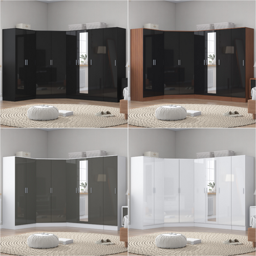REFLECT Gloss Large 8 Door Corner Mirror Wardrobe Bedroom Furniture Bundle Set