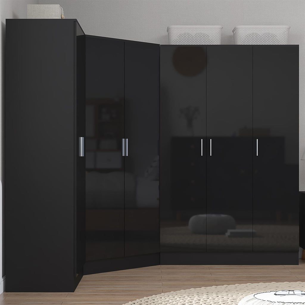 Reflect 4pc Wardrobe Bundle - 2 Door Corner + 3 Door Plain + 2 Door Plain - Black Gloss & Black Oak
