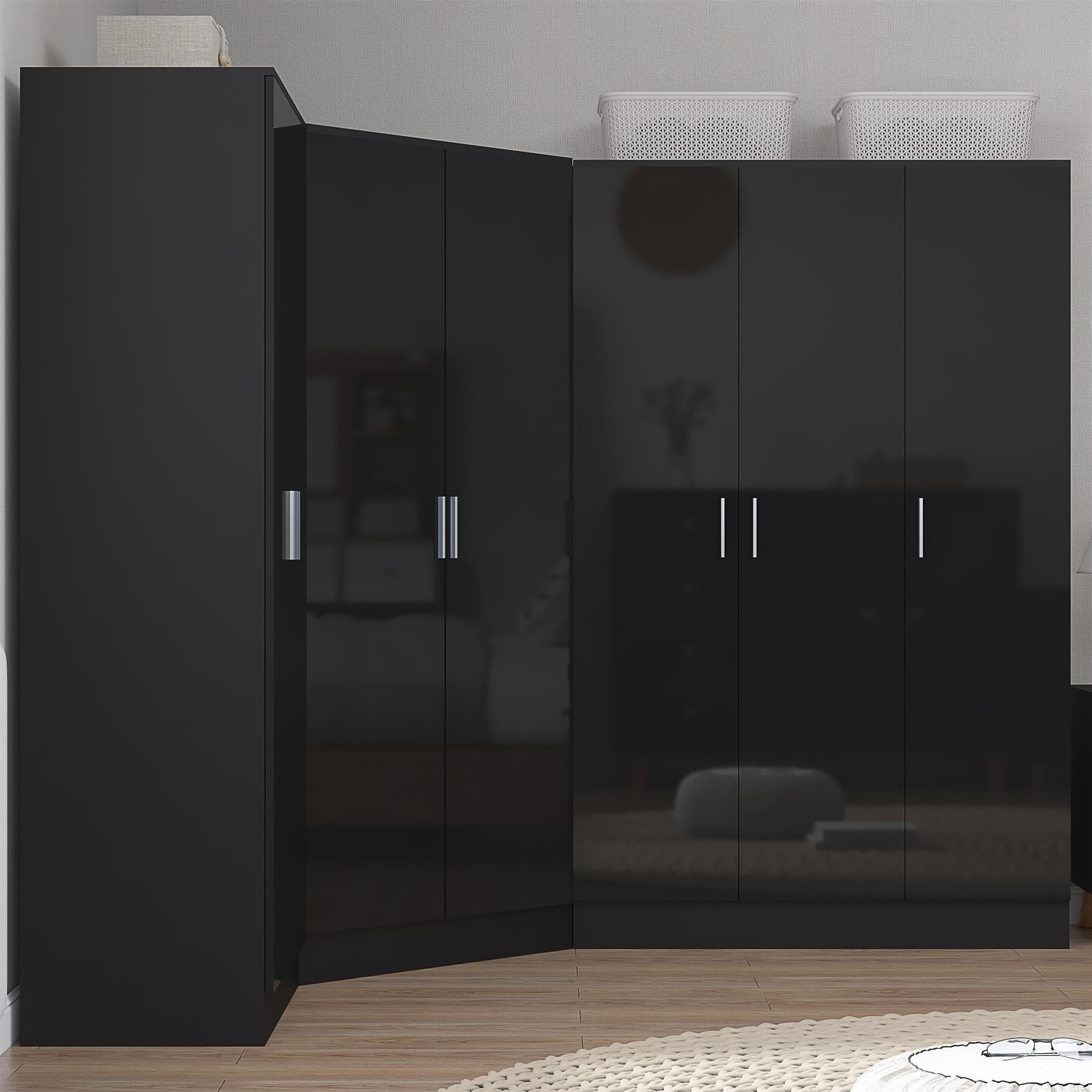 Reflect 4pc Wardrobe Bundle - 2 Door Corner + 3 Door Plain + 2 Door Plain - Black Gloss & Black Oak