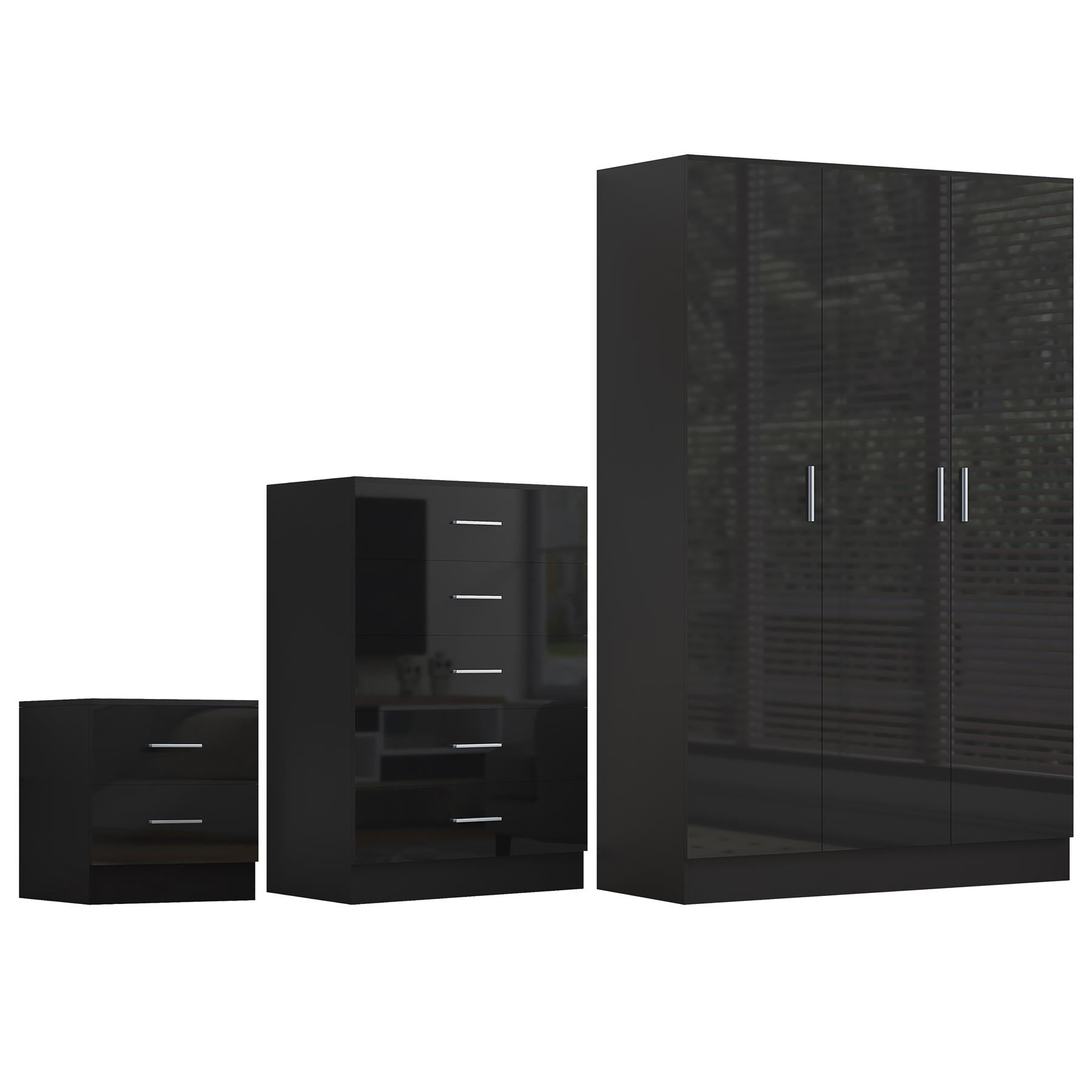 REFLECT Gloss 3pc Bedroom Set - 3 Door Wardrobe + 5 Draw Chest + Bedside