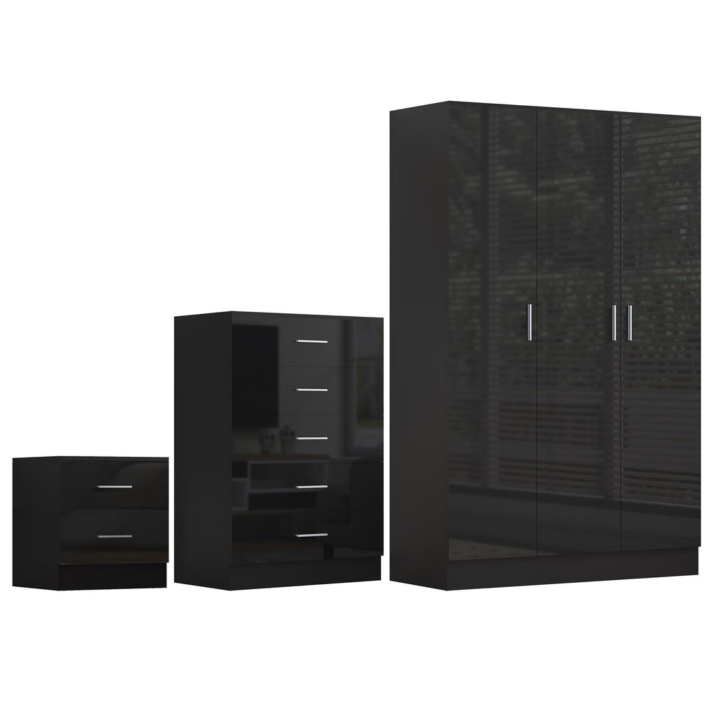 Reflect 3 Door Plain Wardrobe, 5 Drawer Chest, 2 Drawer Bedside - Black Gloss & Black Oak - Modern Bedroom Furniture Set