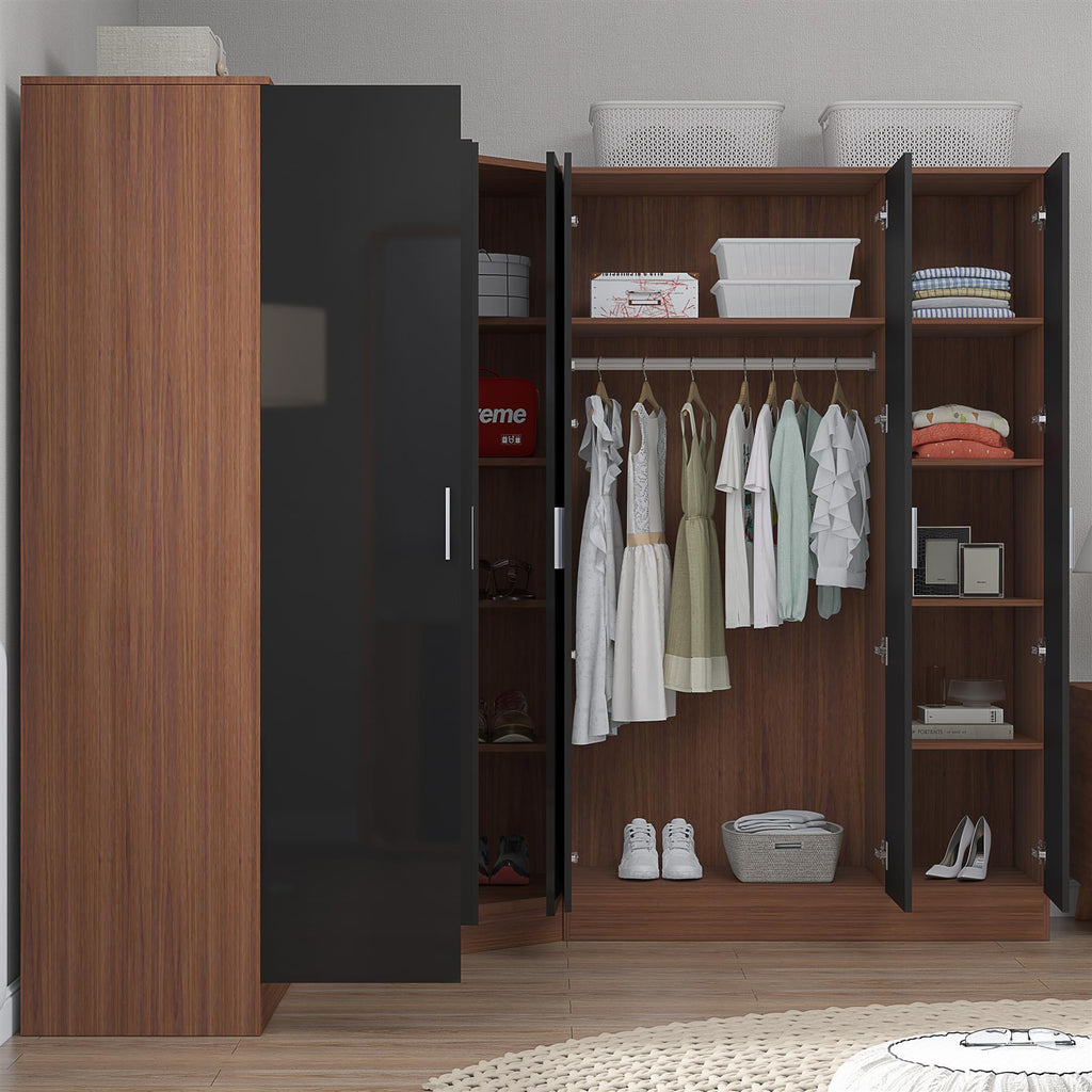 Reflect 4pc Wardrobe Bundle - 2 Door Corner + 3 Door Plain + 2 Door Plain - Black Gloss & Walnut