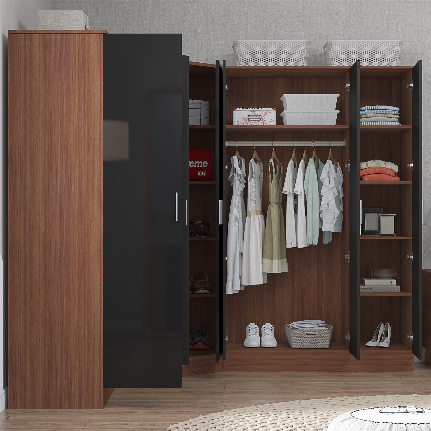 Reflect 4pc Wardrobe Bundle - 2 Door Corner + 3 Door Plain + 2 Door Plain - Black Gloss & Walnut