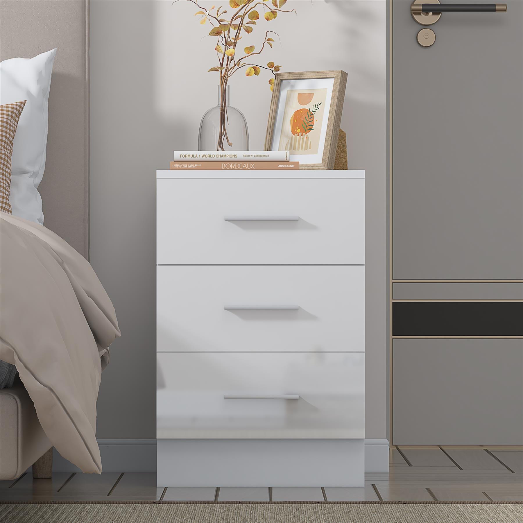 Reflect 3 Drawer Bedside - White Gloss & Matt White - Modern Nightstand for Bedroom Storage - H: 59.5cm x W: 39.5cm x D: 38cm