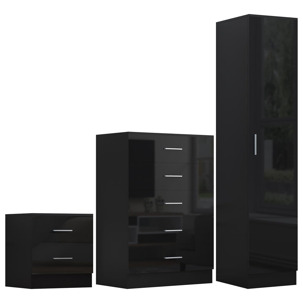 Reflect 1 Door Plain Wardrobe, 5 Drawer Chest, 2 Drawer Bedside - Black Gloss & Black Oak - Bedroom Furniture Set