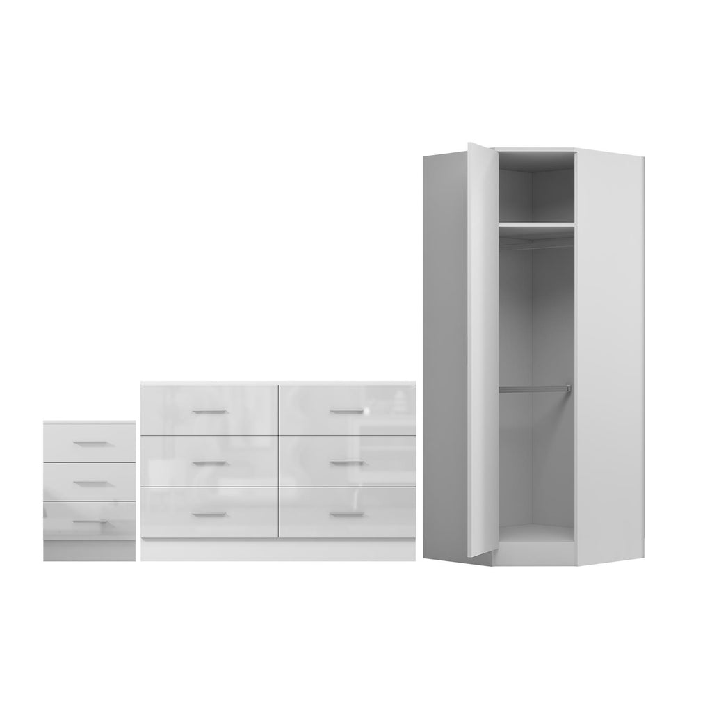 REFLECT - 1 Door Corner + 6 Drawer Chest + 3 Drawer Bedside in Gloss White / Matt White