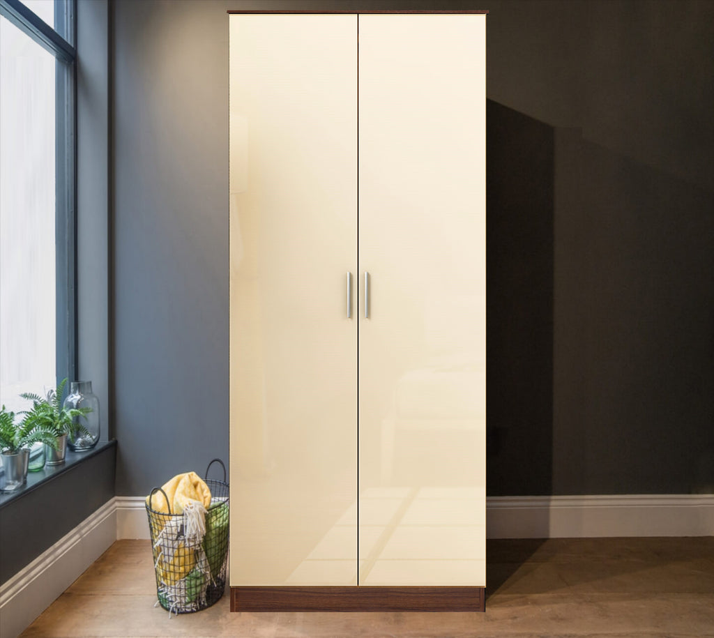 Reflect 2 Door Plain Wardrobe - Cream Gloss & Walnut - Hanging Rails & Shelves - H: 180cm x W: 76cm - Modern Sleek Design