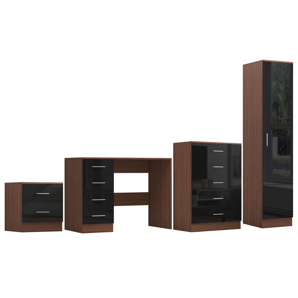 Reflect 1 Door Plain Wardrobe, 5 Drawer Chest, 2 Drawer Bedside & Desk - Black Gloss & Walnut - Bedroom Furniture Set