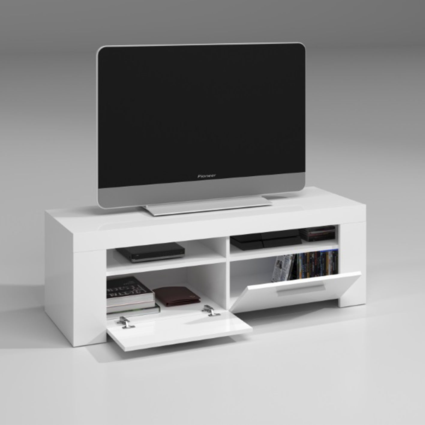 AMBIT White Dual Zone Under TV Unit - Modern Media Entertainment Cabinet - H: 43cm x W: 120cm x D: 42cm