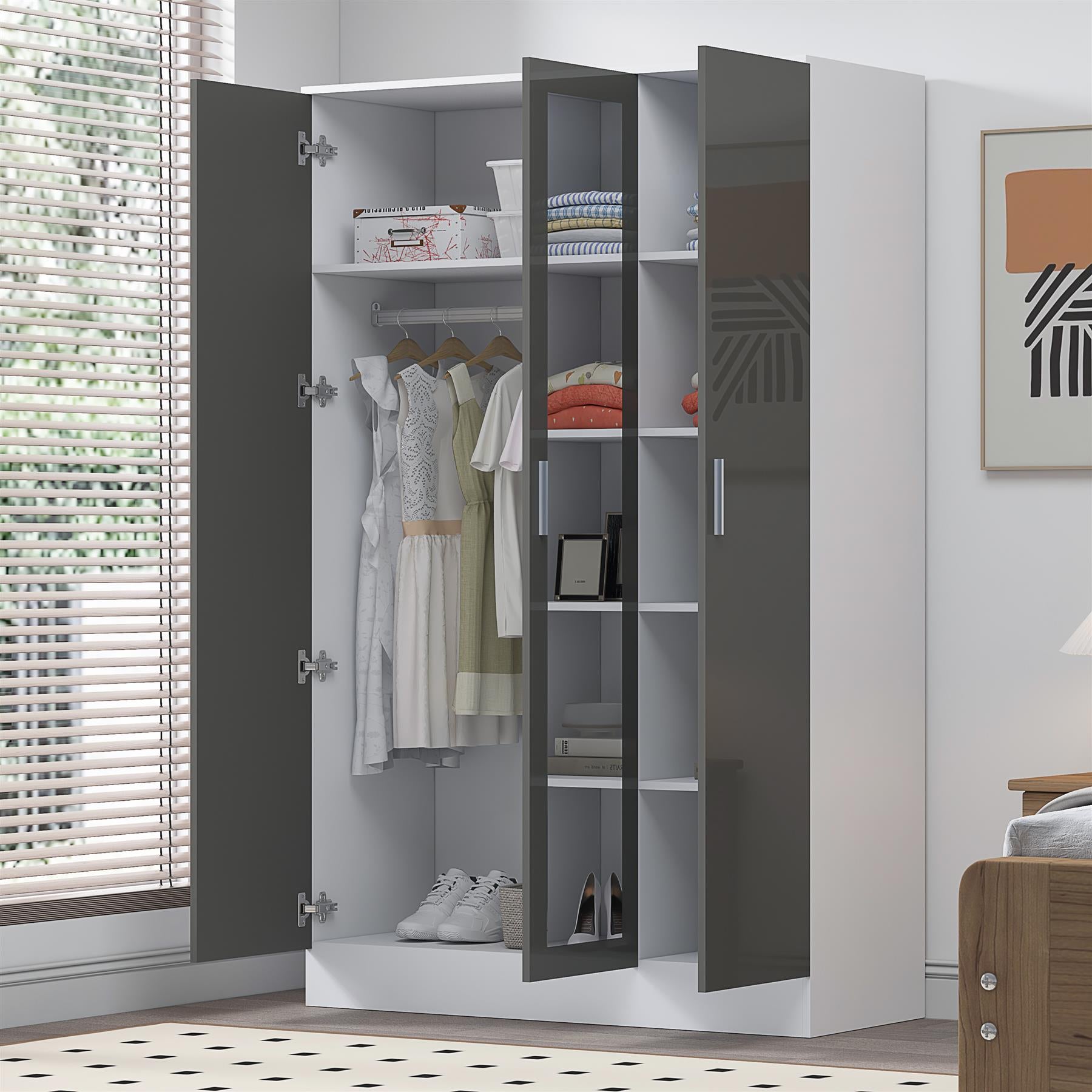 Reflect 3 Door Mirror Wardrobe - Grey Gloss & Matt White - Hanging Rail & 4 Shelves- H: 180cm x W: 113cm x D: 47cm - Modern Design