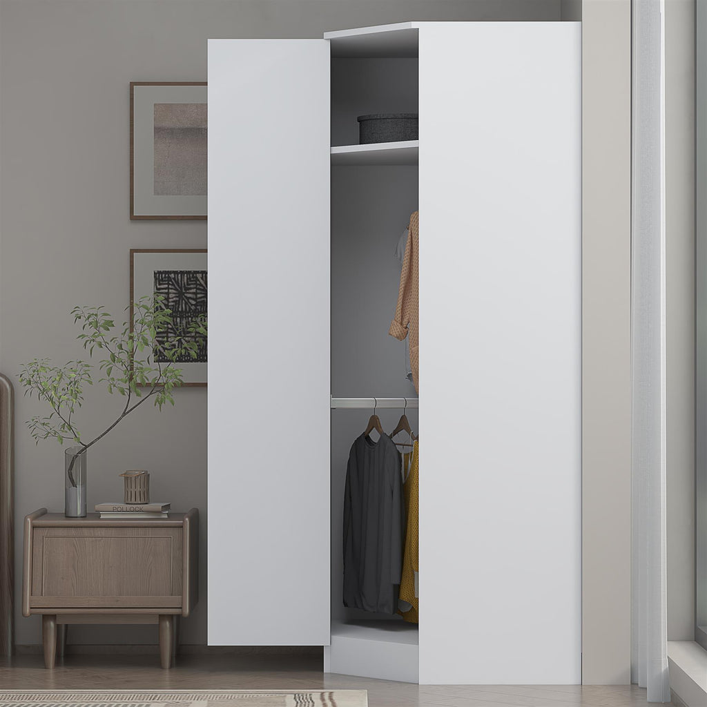 Reflect 1 Door Corner Wardrobe - White Gloss & Matt White - 2 Hanging Rails & 8 Shelves - H: 180cm x W: 74.4cm - Modern Design