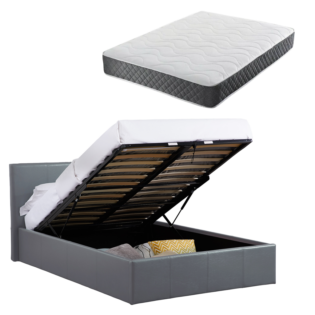 LUNA 5FT King Grey Ottoman Storage Bed with Gas Lift Up & Memory Foam & Spring Mattress