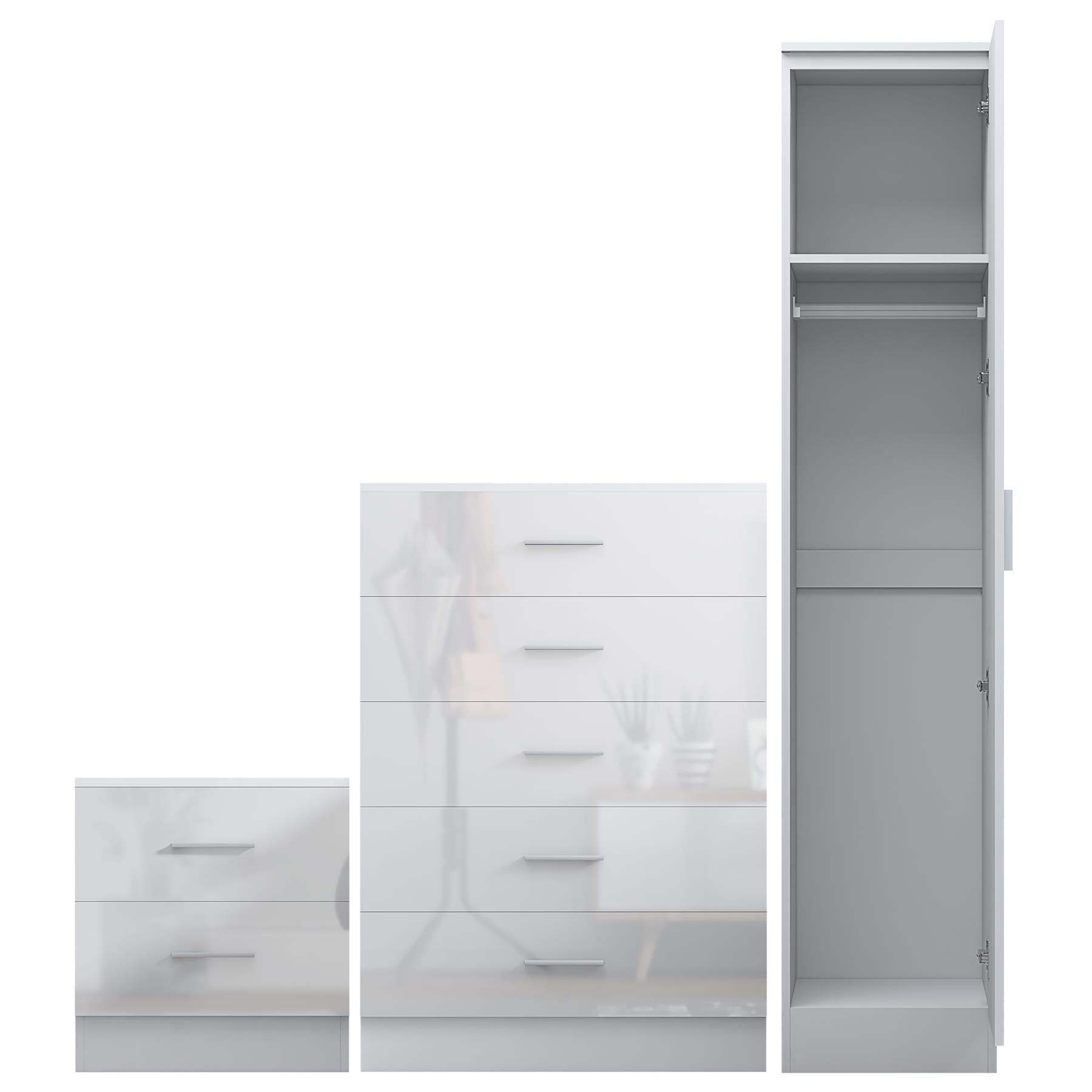 REFLECT Gloss 3pc Bedroom Set - 1 Door Wardrobe + 5 Draw Chest + Bedside
